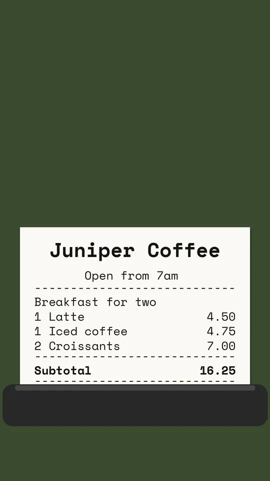 Receipt-style order from the fictional Juniper Coffee ad